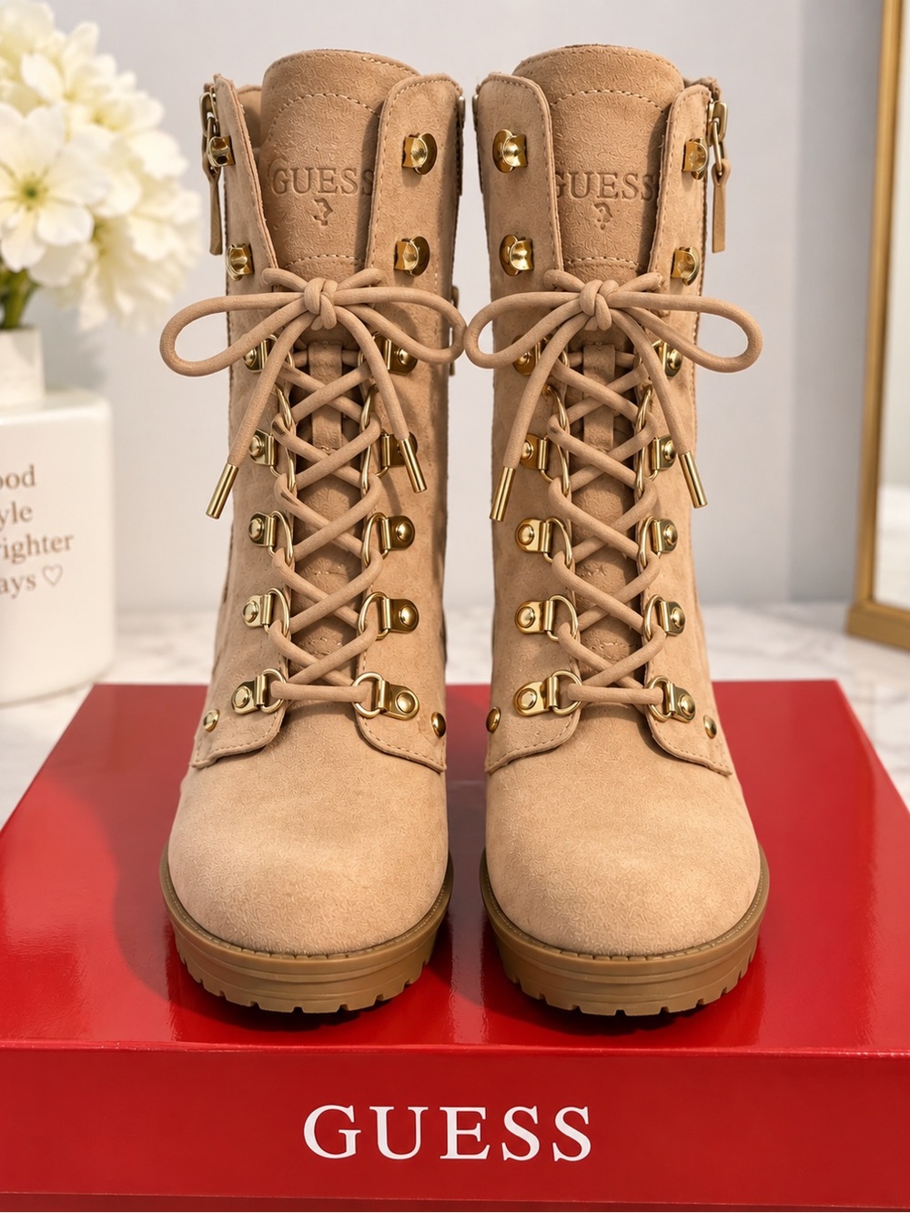 GUESS Tan Suede Lace-Up Hiker Boots with Gold Hardware